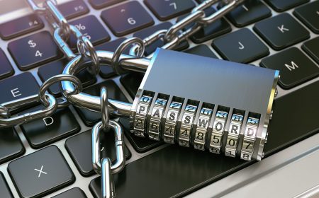 Password. Computer security or safety concept. Laptop keyboard with lock and chain. 3d illustration